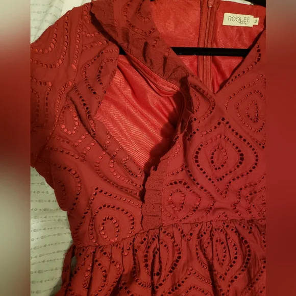 Roolee Burgundy Eyelet 3/4 Sleeve Dress - Picture 9 of 10